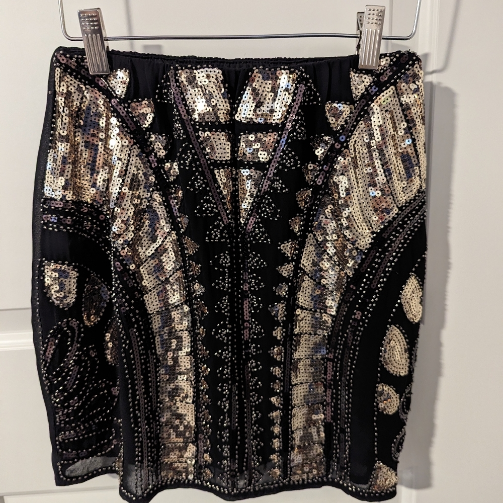 New! Designer Molly Bracken Skirt black and gold beaded mini party Holiday sz XS